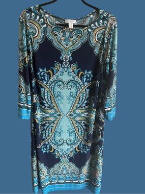 London Times Navy & Teal Paisley Long Sleeve Stretch Dress